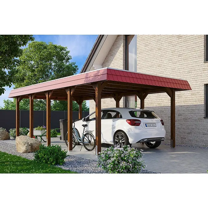 Skan Holz Carport Spreewald - L x B: 741 x 396 cm, Einfahrtshöhe: 209 cm, Nussbaum/Rot, Aluminium-Dachplatten - Anwendungsbeispiel
