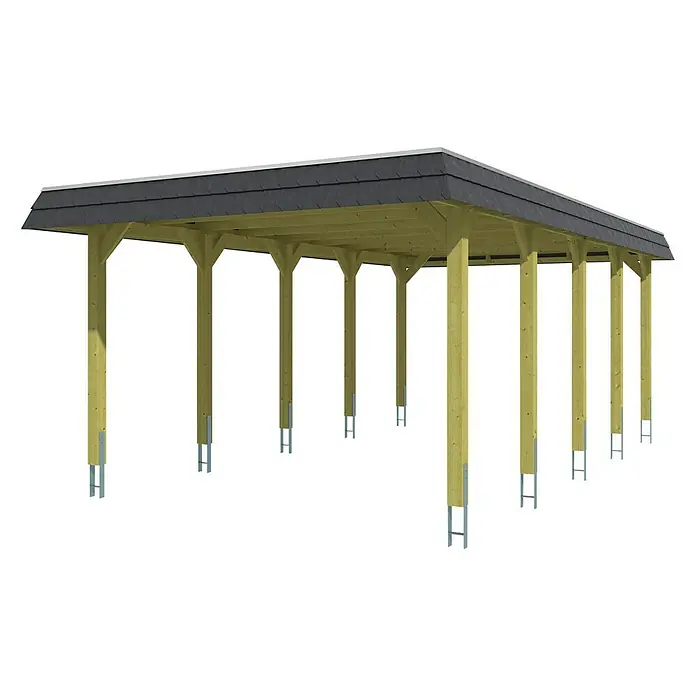 Skan Holz Carport Spreewald - L x B: 741 x 396 cm, Einfahrtshöhe: 209 cm, Grün/Schwarz, Aluminium-Dachplatten - Diagonale Ansicht