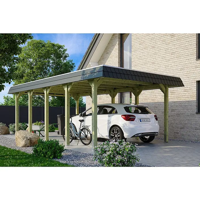 Skan Holz Carport Spreewald - L x B: 741 x 396 cm, Einfahrtshöhe: 209 cm, Grün/Schwarz, Aluminium-Dachplatten - Anwendungsbeispiel