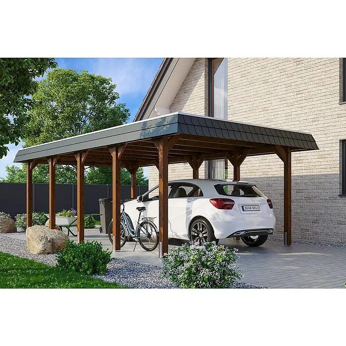 Skan Holz Carport Spreewald - L x B: 741 x 396 cm, Einfahrtshöhe: 209 cm, Nussbaum/Schwarz, Dachschalung mit EPDM-Folie - Anwendungsbeispiel