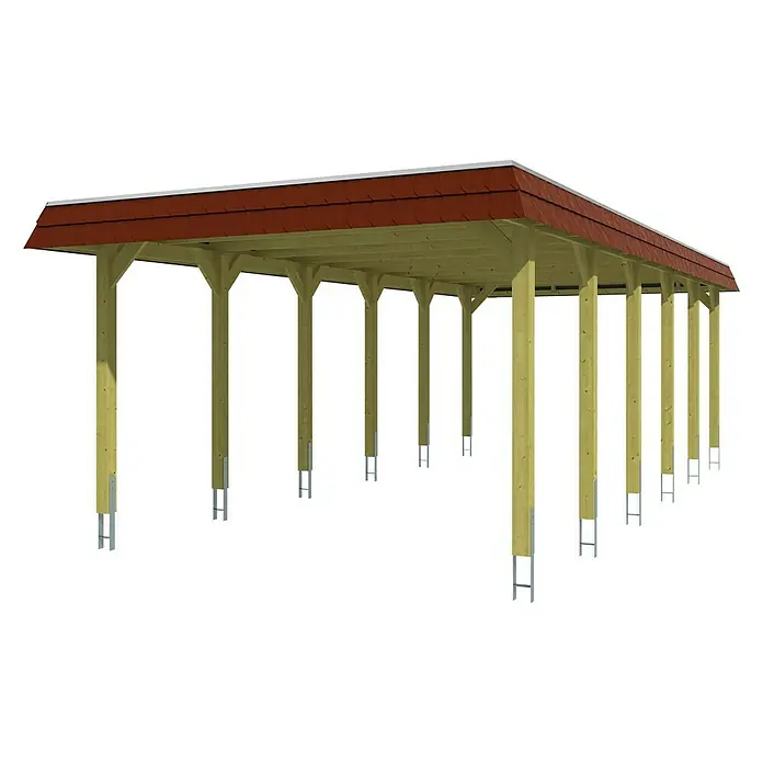Skan Holz Carport Spreewald - L x B: 893 x 396 cm, Einfahrtshöhe: 209 cm, Grün/Rot, Dachschalung mit EPDM-Folie - Diagonale Ansicht