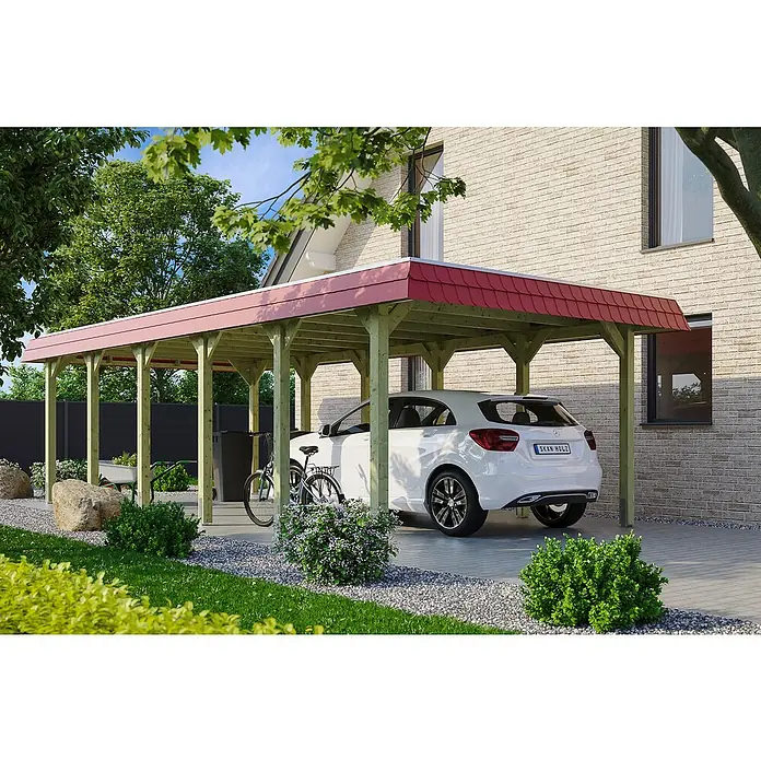 Skan Holz Carport Spreewald - L x B: 893 x 396 cm, Einfahrtshöhe: 209 cm, Grün/Rot, Dachschalung mit EPDM-Folie - Anwendungsbeispiel