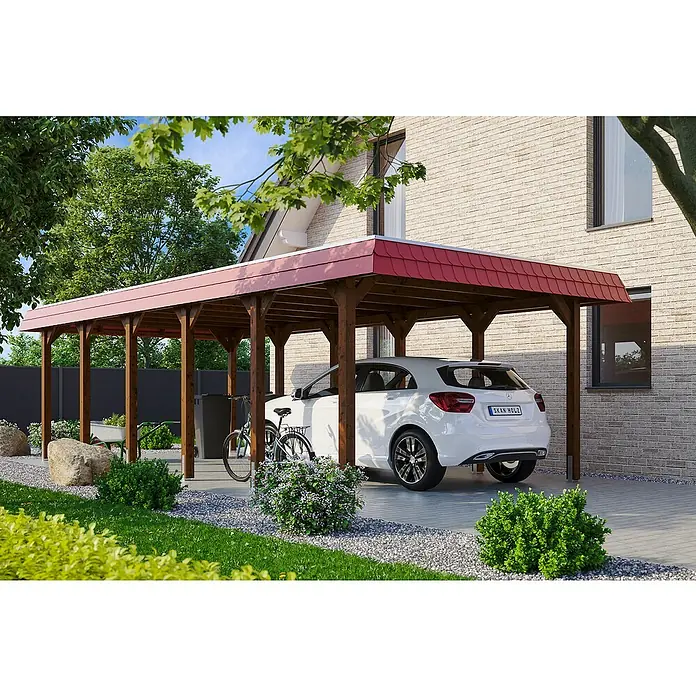 Skan Holz Carport Spreewald - L x B: 893 x 396 cm, Einfahrtshöhe: 209 cm, Nussbaum/Rot, Dachschalung mit EPDM-Folie - Anwendungsbeispiel