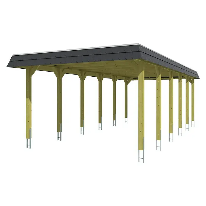 Skan Holz Carport Spreewald - L x B: 893 x 396 cm, Einfahrtshöhe: 209 cm, Nussbaum/Schwarz, Dachschalung mit EPDM-Folie - Diagonale Ansicht