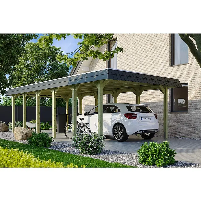 Skan Holz Carport Spreewald - L x B: 893 x 396 cm, Einfahrtshöhe: 209 cm, Grün/Schwarz, Aluminium-Dachplatten - Anwendungsbeispiel