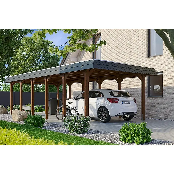 Skan Holz Carport Spreewald - L x B: 893 x 396 cm, Einfahrtshöhe: 209 cm, Nussbaum/Schwarz, Dachschalung mit EPDM-Folie - Anwendungsbeispiel