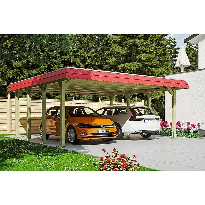 Skan Holz Doppelcarport Spreewald - L x B: 589 x 585 cm, Einfahrtshöhe: 221 cm, Grün/Rot, Aluminium-Dachplatten - Anwendungsbeispiel