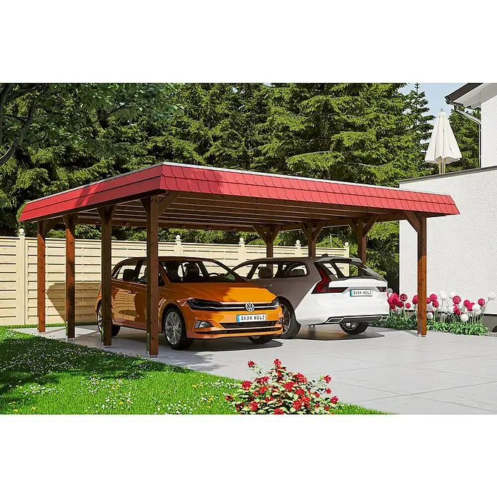 Skan Holz Doppelcarport Spreewald - L x B: 589 x 585 cm, Einfahrtshöhe: 215 cm, Nussbaum/Rot, Dachschalung mit EPDM-Folie - Anwendungsbeispiel