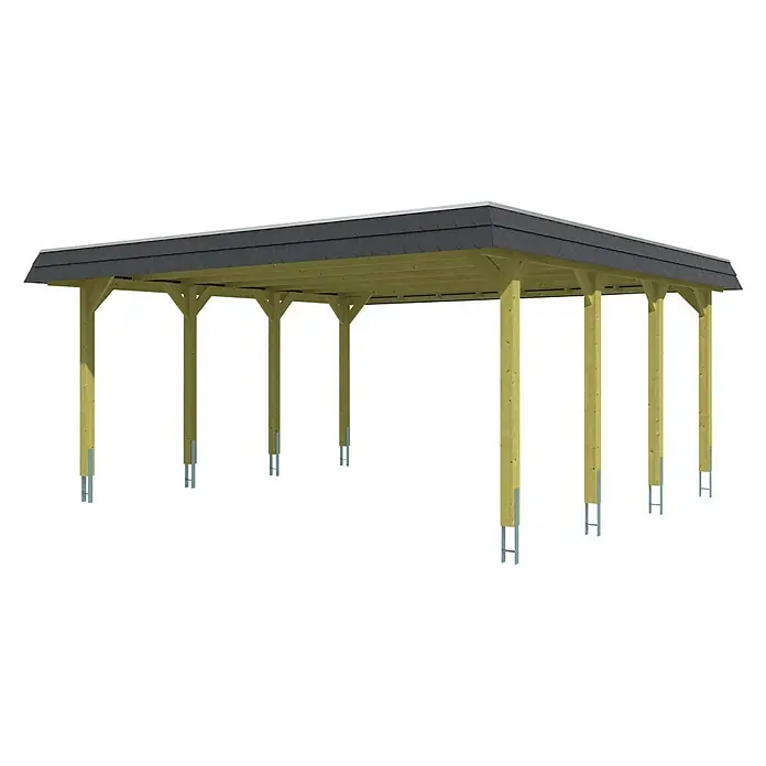 Skan Holz Doppelcarport Spreewald - L x B: 589 x 585 cm, Einfahrtshöhe: 215 cm, Grün/Schwarz, Dachschalung mit EPDM-Folie - Diagonale Ansicht