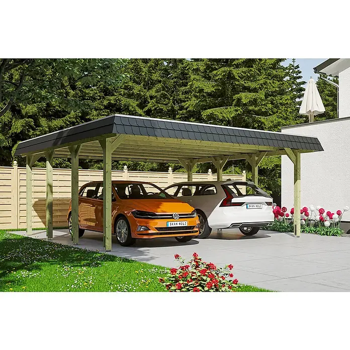 Skan Holz Doppelcarport Spreewald - L x B: 589 x 585 cm, Einfahrtshöhe: 215 cm, Grün/Schwarz, Dachschalung mit EPDM-Folie - Anwendungsbeispiel