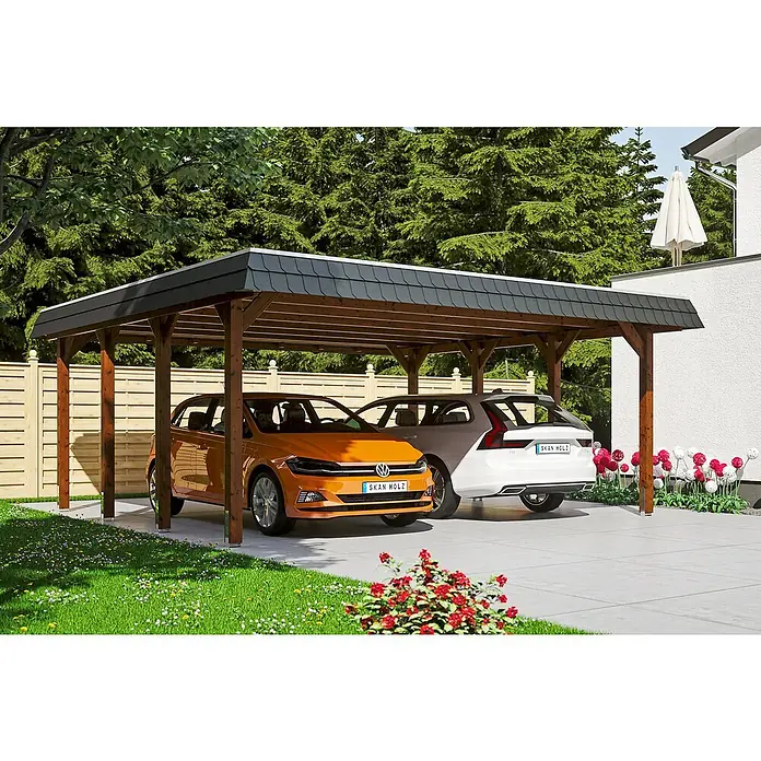 Skan Holz Doppelcarport Spreewald - L x B: 589 x 585 cm, Einfahrtshöhe: 215 cm, Nussbaum/Schwarz, Dachschalung mit EPDM-Folie - Anwendungsbeispiel
