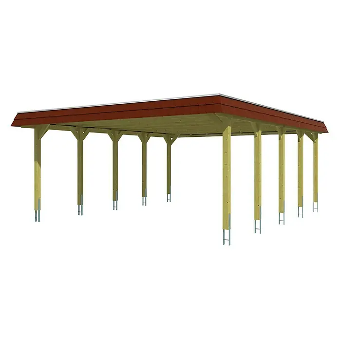 Skan Holz Doppelcarport Spreewald - L x B: 741 x 585 cm, Einfahrtshöhe: 215 cm, Nussbaum/Rot, Dachschalung mit EPDM-Folie - Diagonale Ansicht