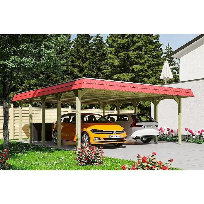 Skan Holz Doppelcarport Spreewald - L x B: 741 x 585 cm, Einfahrtshöhe: 215 cm, Grün/Rot, Dachschalung mit EPDM-Folie - Anwendungsbeispiel