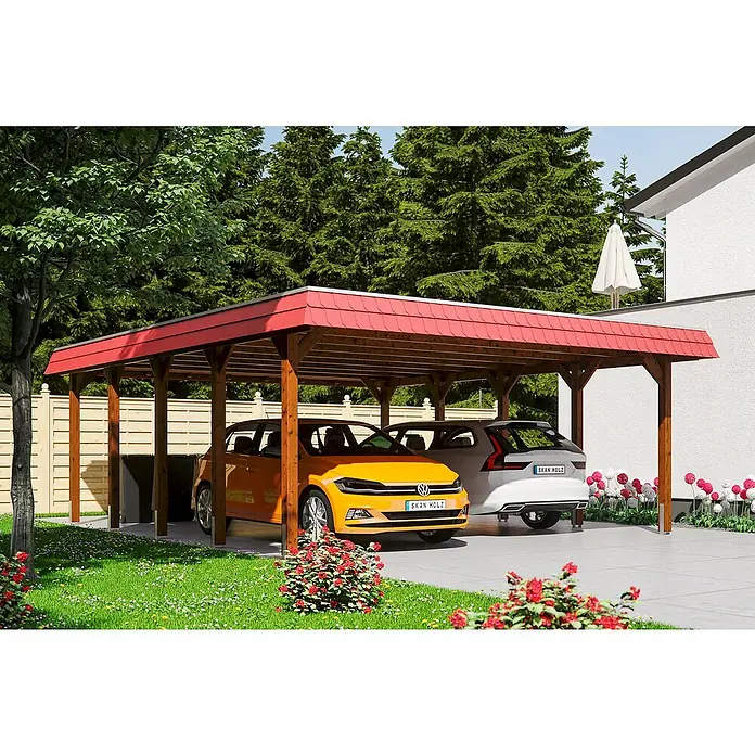 Skan Holz Doppelcarport Spreewald - L x B: 741 x 585 cm, Einfahrtshöhe: 215 cm, Nussbaum/Rot, Dachschalung mit EPDM-Folie - Anwendungsbeispiel