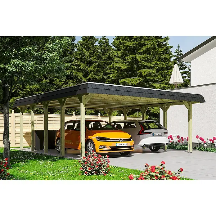 Skan Holz Doppelcarport Spreewald - L x B: 741 x 585 cm, Einfahrtshöhe: 221 cm, Grün/Schwarz, Aluminium-Dachplatten - Anwendungsbeispiel