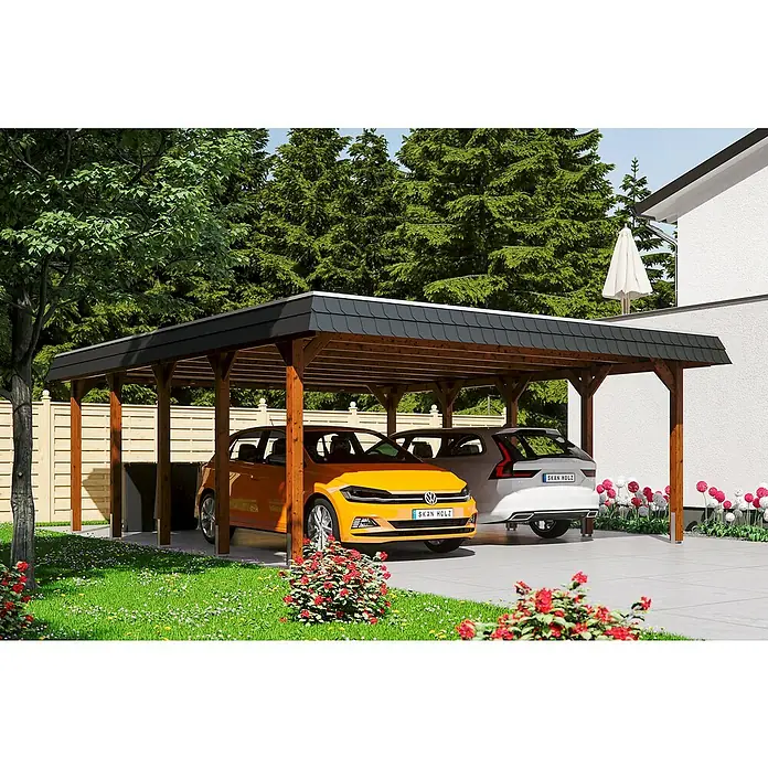 Skan Holz Doppelcarport Spreewald - L x B: 741 x 585 cm, Einfahrtshöhe: 215 cm, Nussbaum/Schwarz, Dachschalung mit EPDM-Folie - Anwendungsbeispiel
