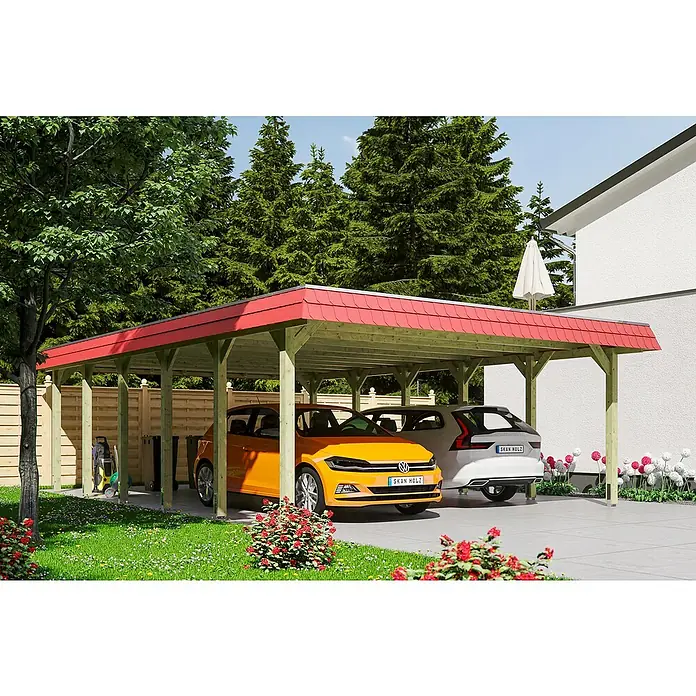Skan Holz Doppelcarport Spreewald - L x B: 893 x 585 cm, Einfahrtshöhe: 215 cm, Grün/Rot, Dachschalung mit EPDM-Folie - Anwendungsbeispiel