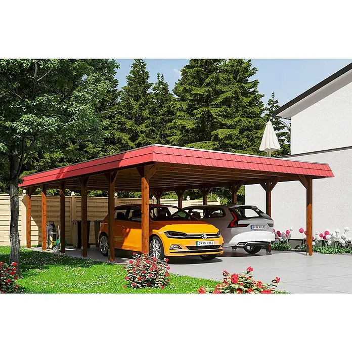 Skan Holz Doppelcarport Spreewald - L x B: 893 x 585 cm, Einfahrtshöhe: 215 cm, Nussbaum/Rot, Dachschalung mit EPDM-Folie - Anwendungsbeispiel