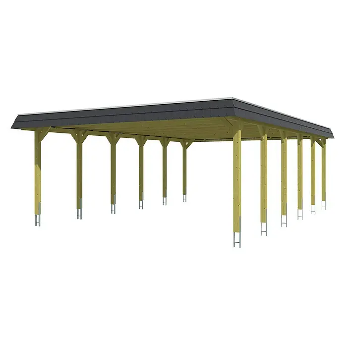 Skan Holz Doppelcarport Spreewald - L x B: 893 x 585 cm, Einfahrtshöhe: 215 cm, Grün/Schwarz, Dachschalung mit EPDM-Folie - Diagonale Ansicht