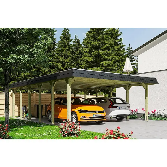 Skan Holz Doppelcarport Spreewald - L x B: 893 x 585 cm, Einfahrtshöhe: 215 cm, Grün/Schwarz, Dachschalung mit EPDM-Folie - Anwendungsbeispiel
