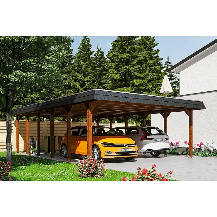 Skan Holz Doppelcarport Spreewald - L x B: 893 x 585 cm, Einfahrtshöhe: 215 cm, Nussbaum/Schwarz, Dachschalung mit EPDM-Folie - Anwendungsbeispiel