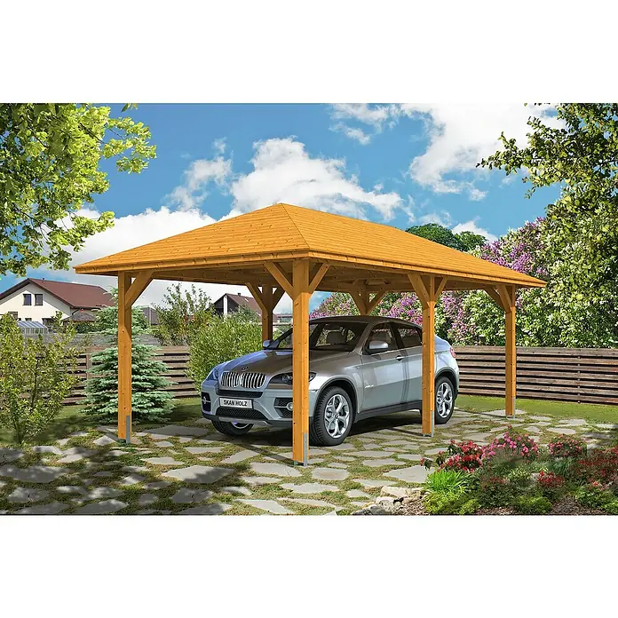 Skan Holz Carport Taunus - L x B: 656 x 374 cm, Einfahrtshöhe: 218 cm, Eiche Hell - Anwendungsbeispiel