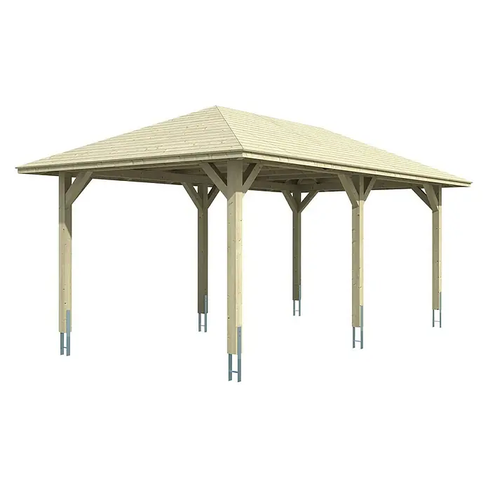 Skan Holz Carport Taunus - L x B: 656 x 374 cm, Einfahrtshöhe: 218 cm, Nussbaum - Diagonale Ansicht