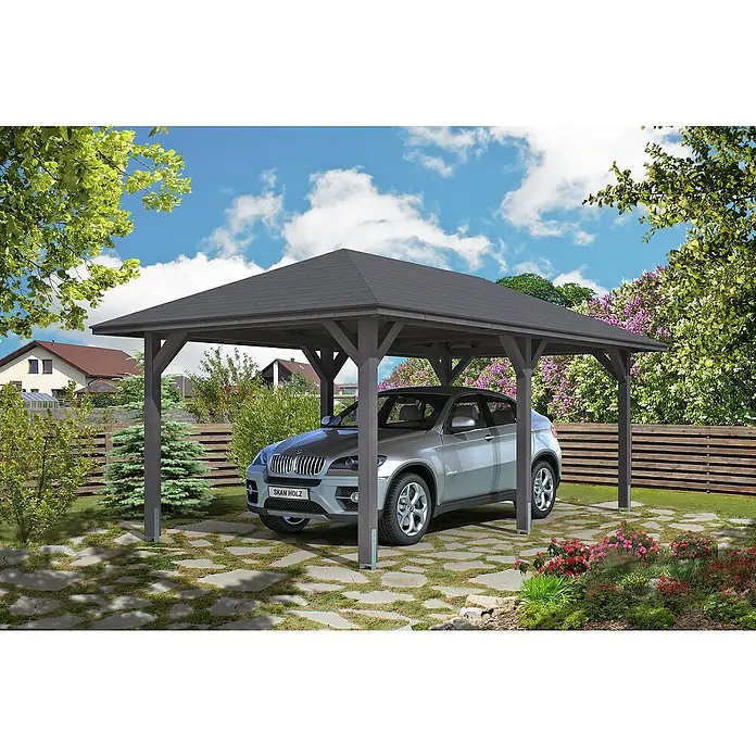 Skan Holz Carport Taunus - L x B: 656 x 374 cm, Einfahrtshöhe: 218 cm, Schiefergrau - Anwendungsbeispiel