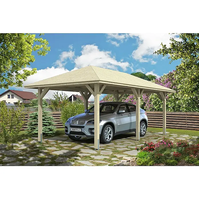 Skan Holz Carport Taunus - L x B: 656 x 374 cm, Einfahrtshöhe: 218 cm, Natur - Anwendungsbeispiel