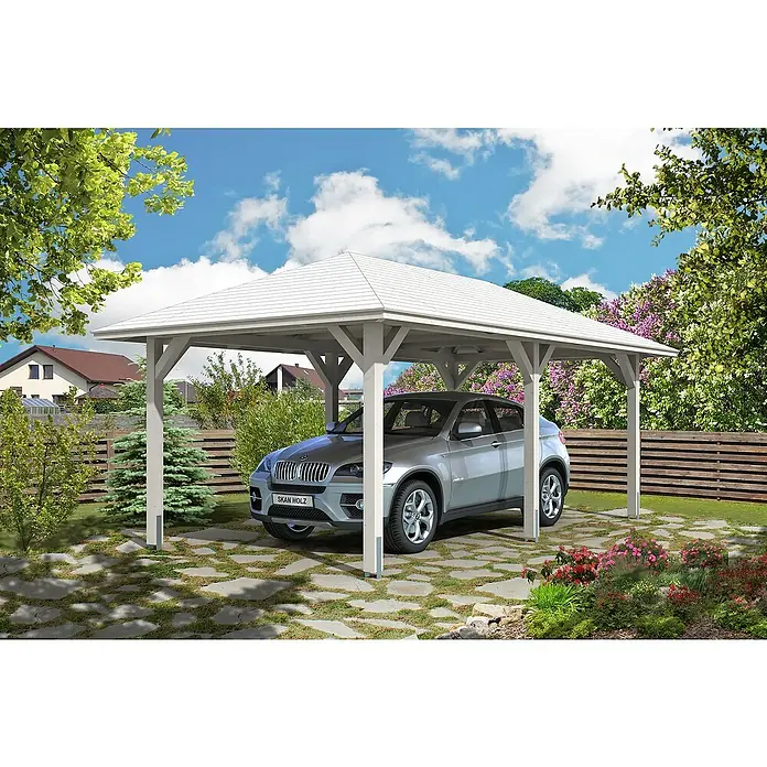 Skan Holz Carport Taunus - L x B: 656 x 374 cm, Einfahrtshöhe: 218 cm, Nussbaum - Anwendungsbeispiel