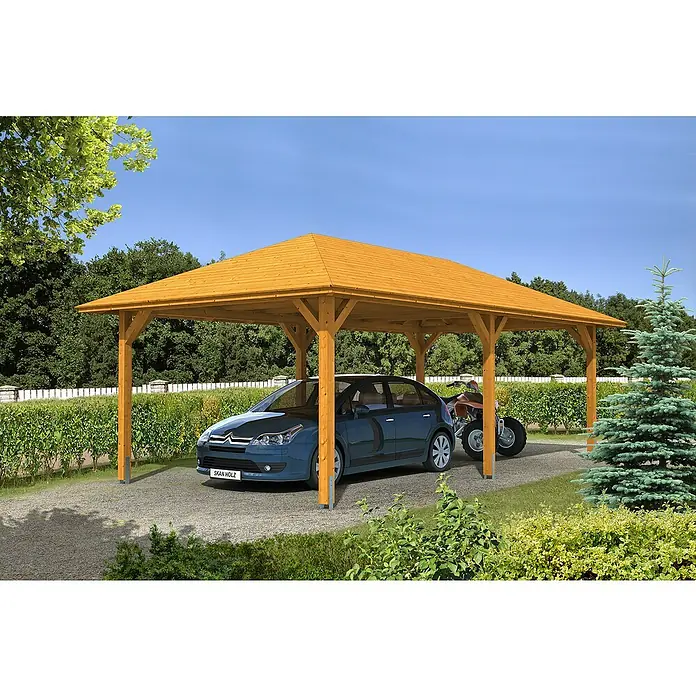 Skan Holz Carport Taunus - L x B: 786 x 439 cm, Einfahrtshöhe: 218 cm, Eiche Hell - Anwendungsbeispiel
