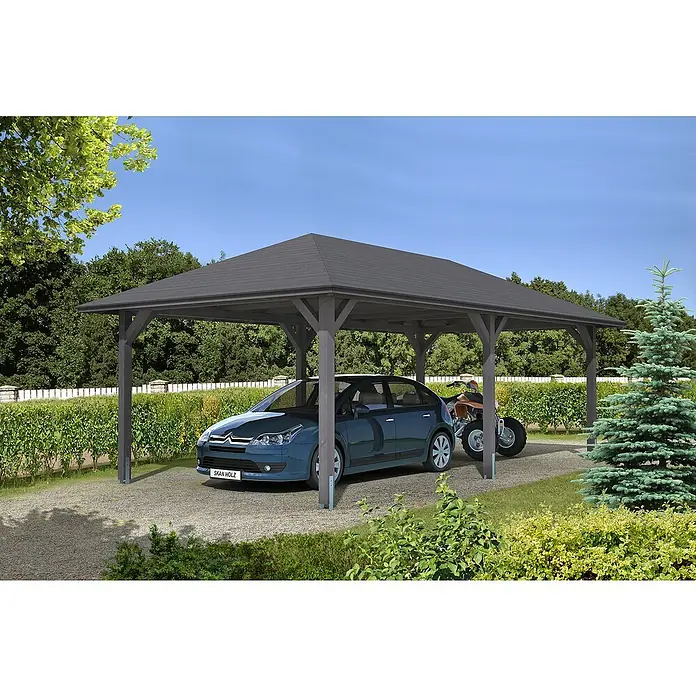 Skan Holz Carport Taunus - L x B: 786 x 439 cm, Einfahrtshöhe: 218 cm, Schiefergrau - Anwendungsbeispiel