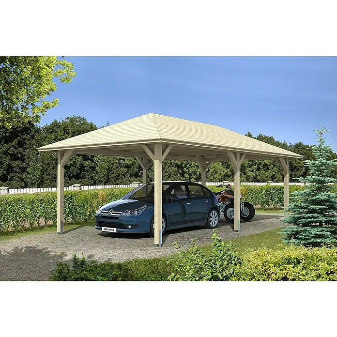Skan Holz Carport Taunus - L x B: 786 x 439 cm, Einfahrtshöhe: 218 cm, Natur - Anwendungsbeispiel