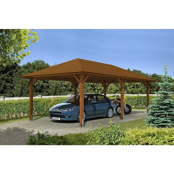 Skan Holz Carport Taunus - L x B: 786 x 439 cm, Einfahrtshöhe: 218 cm, Nussbaum - Anwendungsbeispiel