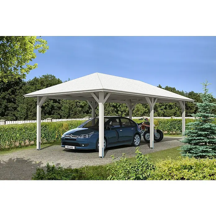 Skan Holz Carport Taunus - L x B: 786 x 439 cm, Einfahrtshöhe: 218 cm, Weiß - Anwendungsbeispiel