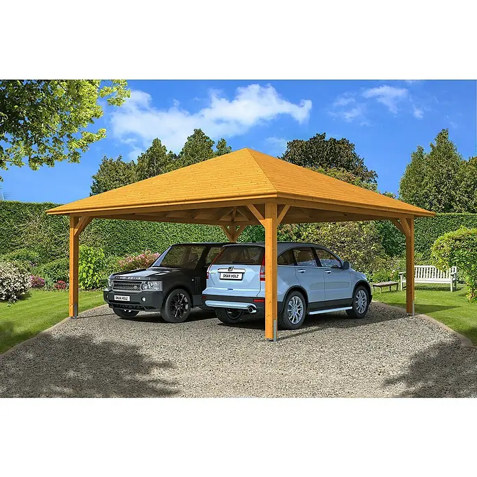 Skan Holz Doppelcarport Taunus - L x B: 634 x 634 cm, Einfahrtshöhe: 220 cm, Eiche Hell - Anwendungsbeispiel