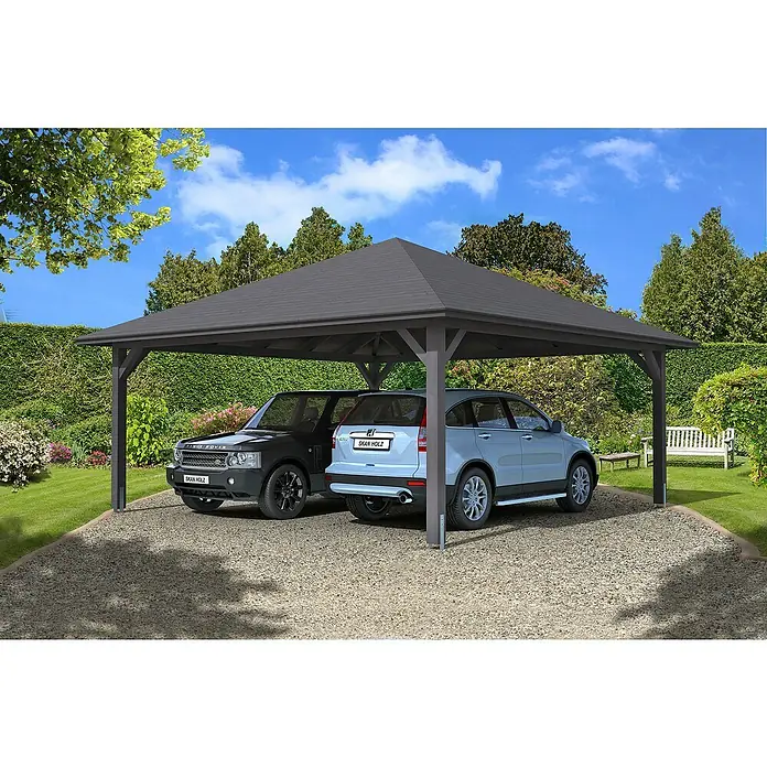 Skan Holz Doppelcarport Taunus - L x B: 634 x 634 cm, Einfahrtshöhe: 220 cm, Schiefergrau - Anwendungsbeispiel