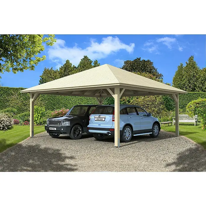 Skan Holz Doppelcarport Taunus - L x B: 634 x 634 cm, Einfahrtshöhe: 220 cm, Natur - Anwendungsbeispiel