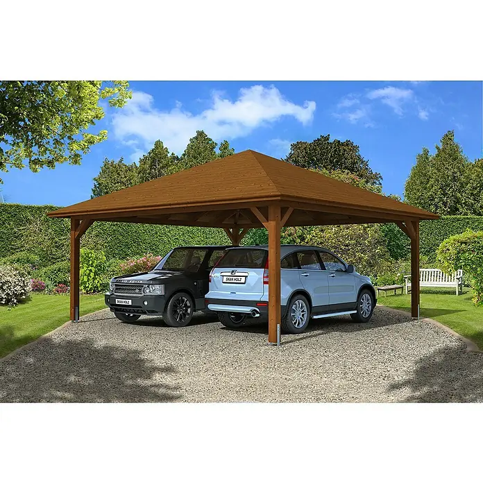 Skan Holz Doppelcarport Taunus - L x B: 634 x 634 cm, Einfahrtshöhe: 220 cm, Nussbaum - Anwendungsbeispiel