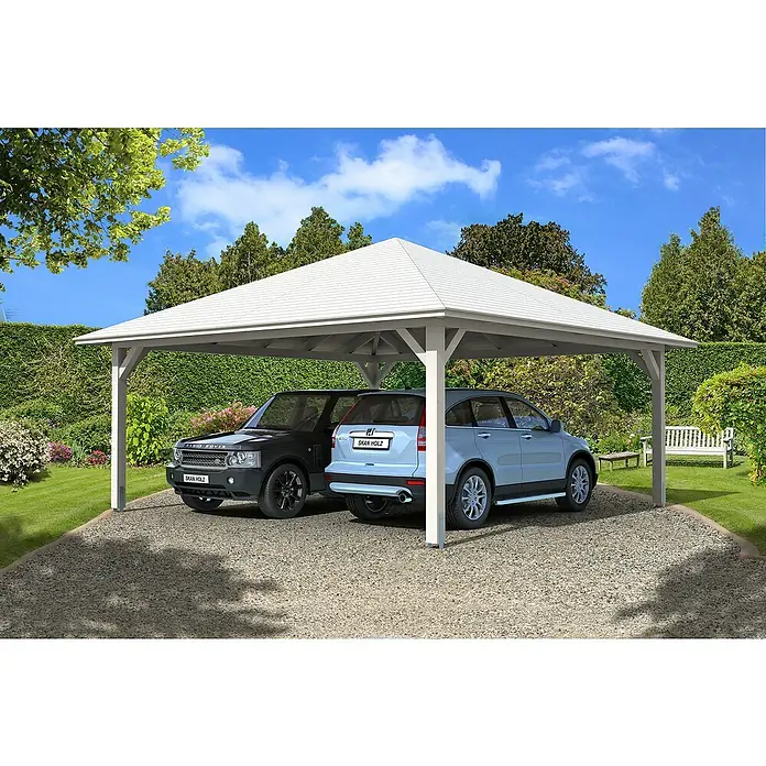 Skan Holz Doppelcarport Taunus - L x B: 634 x 634 cm, Einfahrtshöhe: 220 cm, Weiß - Anwendungsbeispiel