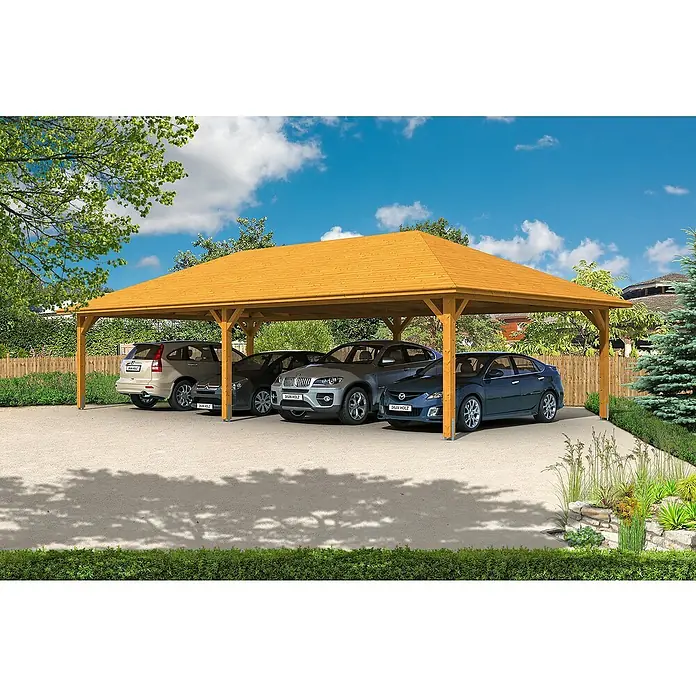 Skan Holz Carport Taunus - L x B: 634 x 1.176 cm, Einfahrtshöhe: 220 cm, Eiche Hell - Anwendungsbeispiel