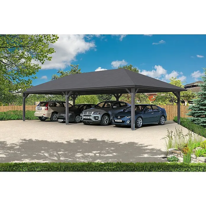 Skan Holz Carport Taunus - L x B: 634 x 1.176 cm, Einfahrtshöhe: 220 cm, Schiefergrau - Anwendungsbeispiel