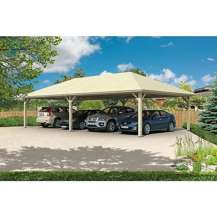 Skan Holz Carport Taunus - L x B: 634 x 1.176 cm, Einfahrtshöhe: 220 cm, Natur - Anwendungsbeispiel