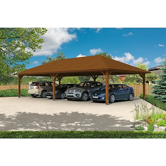 Skan Holz Carport Taunus - L x B: 634 x 1.176 cm, Einfahrtshöhe: 220 cm, Nussbaum - Anwendungsbeispiel