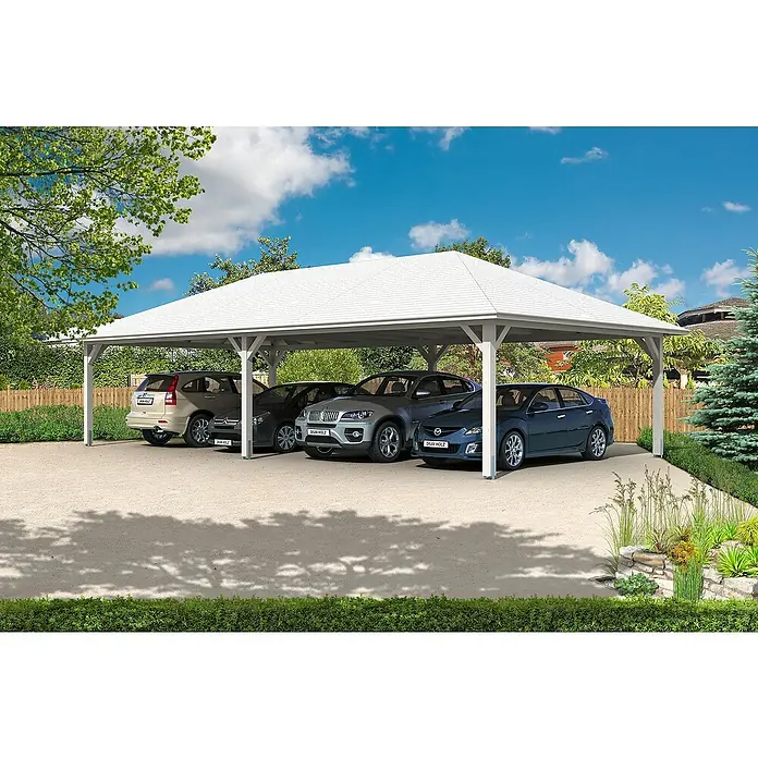 Skan Holz Carport Taunus - L x B: 634 x 1.176 cm, Einfahrtshöhe: 220 cm, Weiß - Anwendungsbeispiel