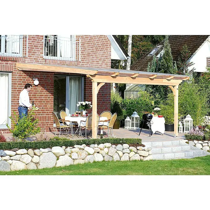 Skan Holz Terrassenüberdachung Ravenna - L x T: 434 x 350 cm, Polycarbonat, Nussbaum - Stimmungsaufnahme
