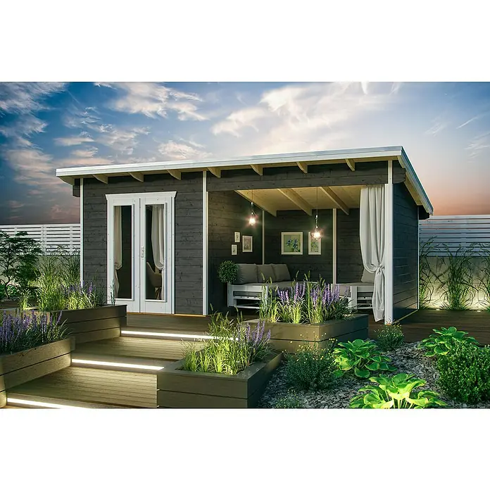Skan Holz Gartenhaus Texel - B x T: 590 x 310 cm, Holz, 13,75 m², Wandstärke: 28 mm, Schiefergrau - Stimmungsaufnahme
