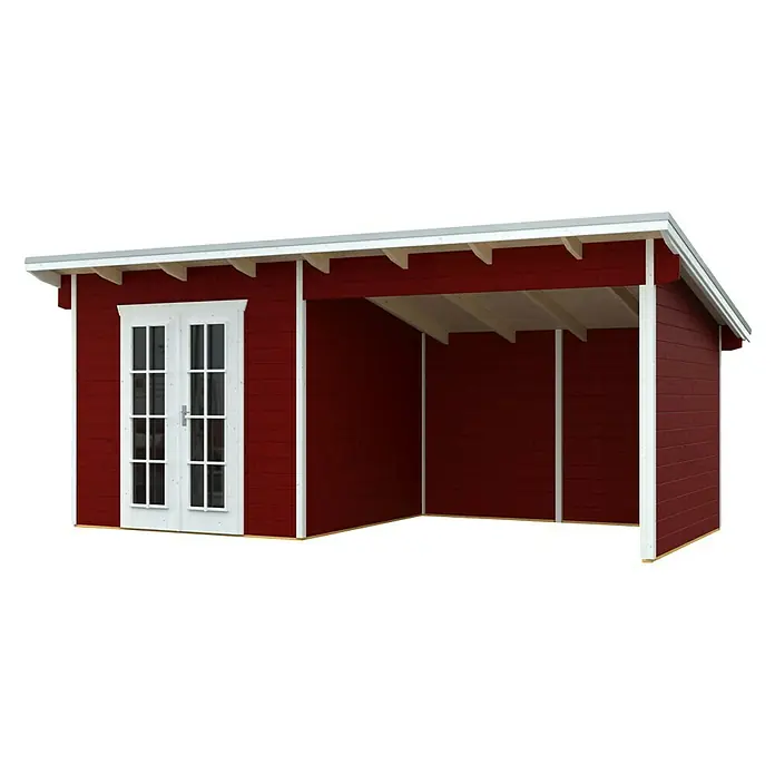 Skan Holz Gartenhaus Texel - B x T: 590 x 310 cm, Holz, 13,75 m², Wandstärke: 28 mm, Schwedenrot - Diagonale Ansicht