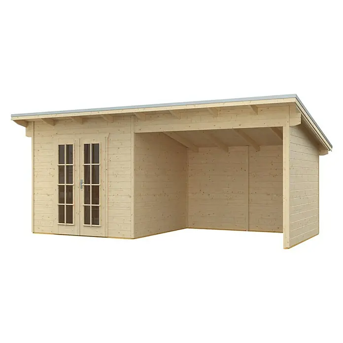 Skan Holz Gartenhaus Texel - B x T: 590 x 310 cm, Holz, 13,75 m², Wandstärke: 28 mm, Natur - Diagonale Ansicht