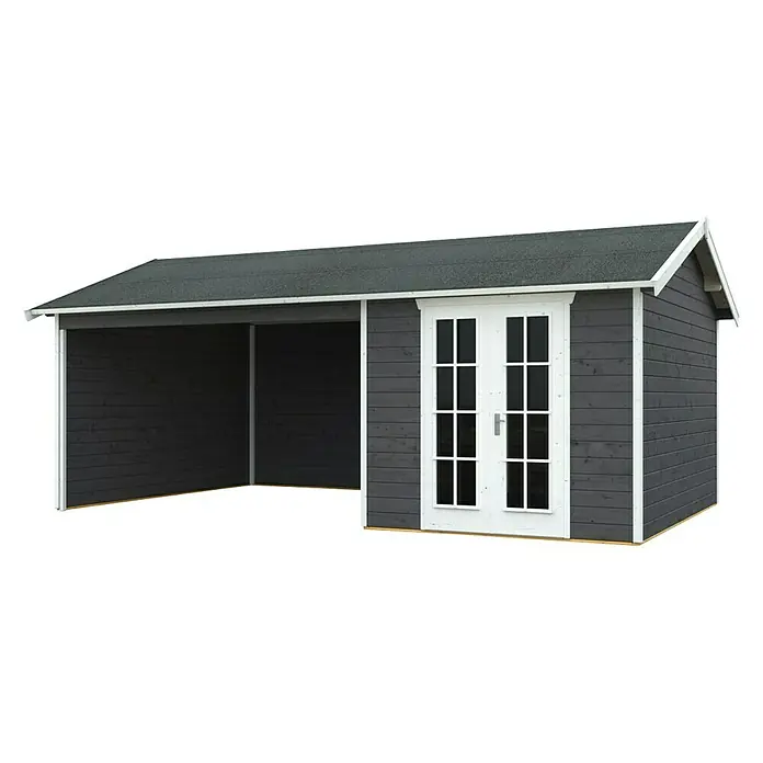 Skan Holz Gartenhaus Tilburg - B x T: 653 x 420 cm, Holz, 23,29 m², Wandstärke: 28 mm, Schiefergrau - Diagonale Ansicht